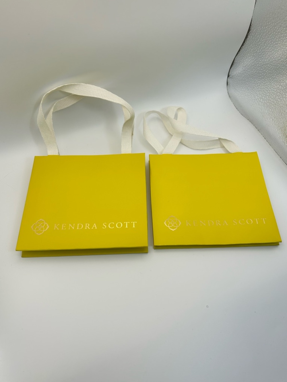 Kendra Scott Bright Yellow Gift Bags with Cream Ribbon Handles Qty 2, 5" x 5.5"